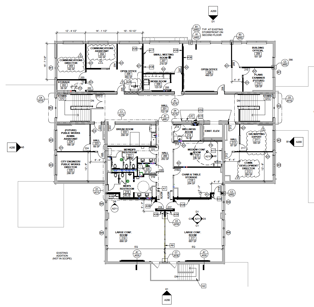 Level 2 floor plan shows offices for Public Works, Communications, Building Inspections, and more. 