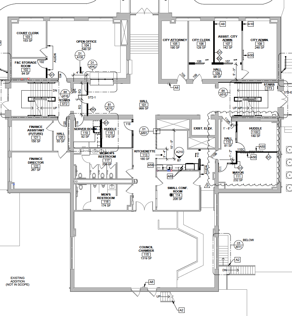 Level 1 floor plan shows administrative offices in east wing, including the mayor's office. 